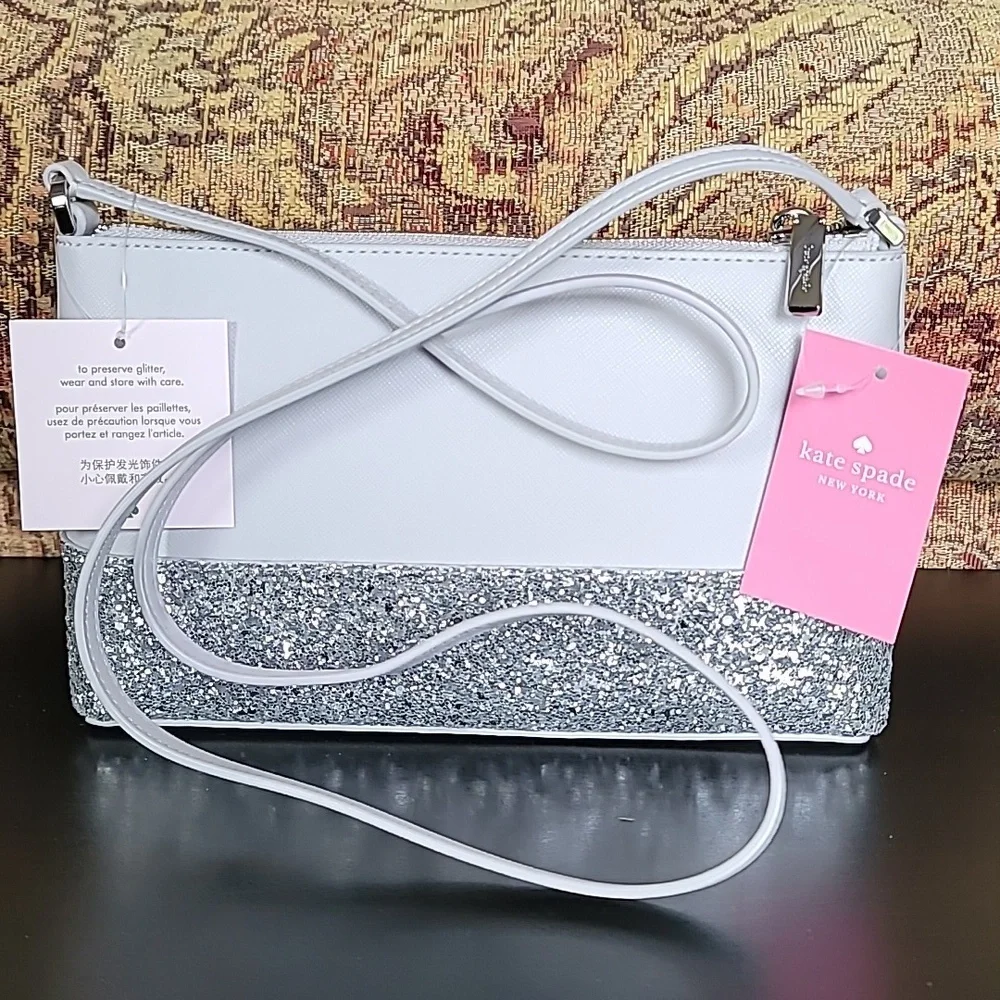 NWT Kate Spade Glitter Crossbody Flash Light Grey Silver